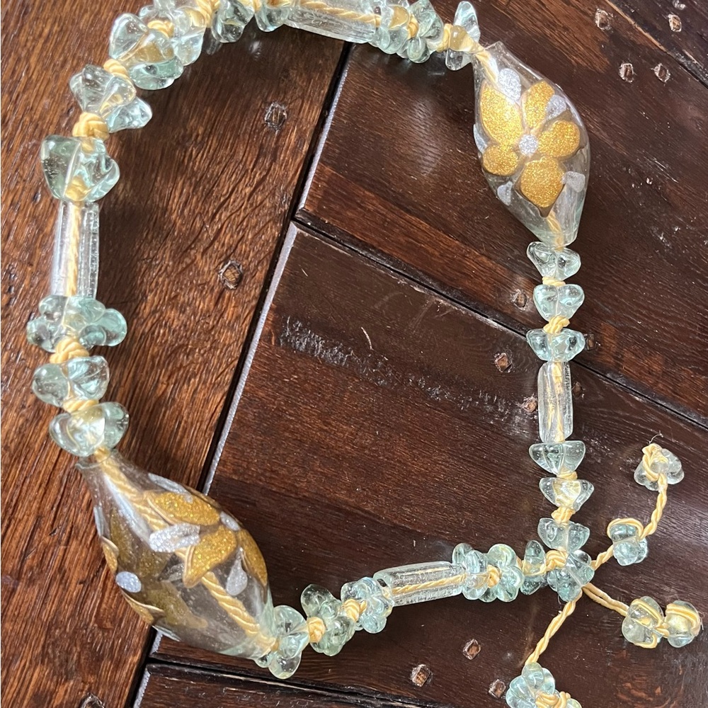Moroccan Style Blown Glass Garland W/4” Gold Floral Art Glass Beads Boho VTG